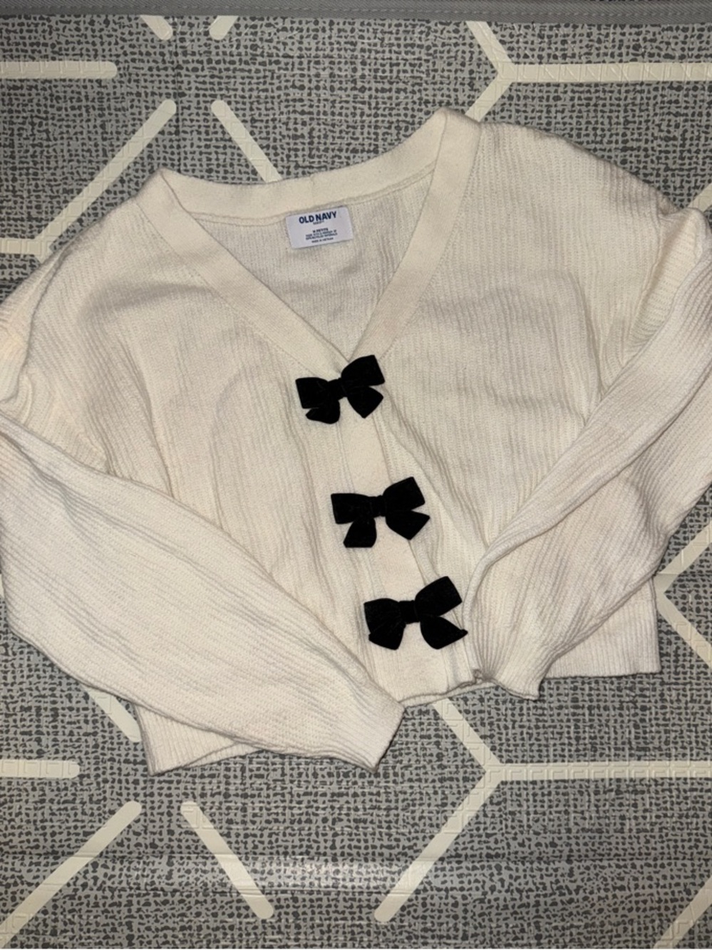 Old Navy Cream V-Neck Sweater Cardigan with Black Bow Accents